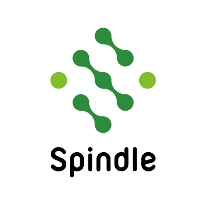 Spindleのロゴマークと文字を水色に組んだロゴ画像