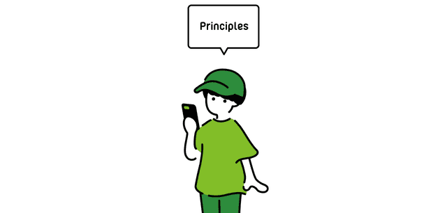 「Principles」と書かれた吹き出しが、右手でスマートフォンを持っている人から出ているイラスト